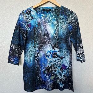 BLEU Crystal Rhinestone Jewel Tone Print 3/4 Sleeve Top S
